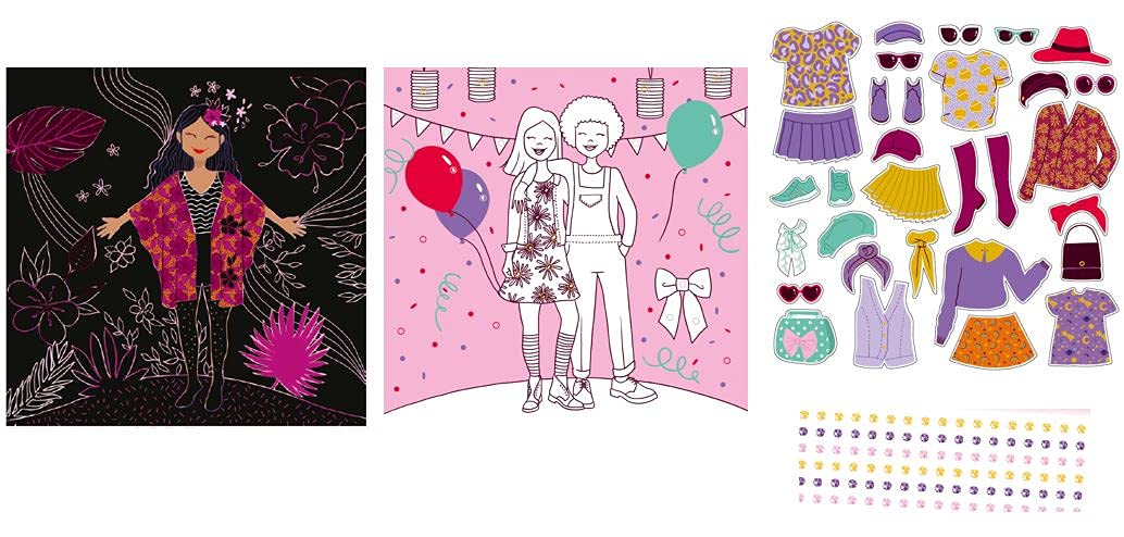 Cartes de mode - À gratter et à colorier jolis motifs Pochette avec 4 cartes à gratter et 4 cartes de coloriage, avec strass et stickers Dès 6 ans