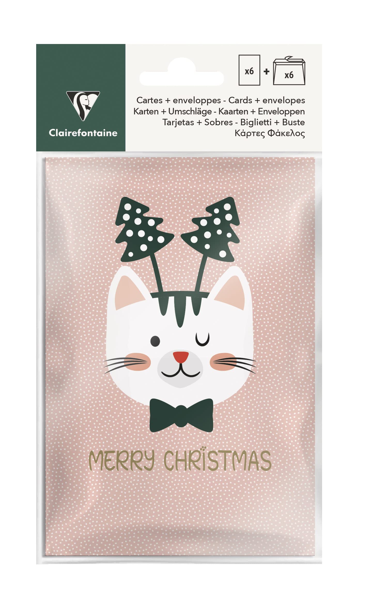 Clairefontaine 202068C - Un Paquet De 6 Cartes De Voeux Avec Enveloppes - Thème : Chat, Rose Et Vert, Joyeux Noël, Merry Christmas - Idéal Pour : Cartes De Voeux, Fêtes De Fin d'Année