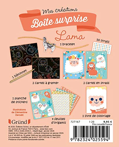 Boîte surprise : Lama – Coffret avec 2 cartes à gratter, 2 cartes à couvrir de strass, des stickers, 4 feuilles d'origamis, 1 livre de coloriage et 1 bracelet – À partir de 6 ans