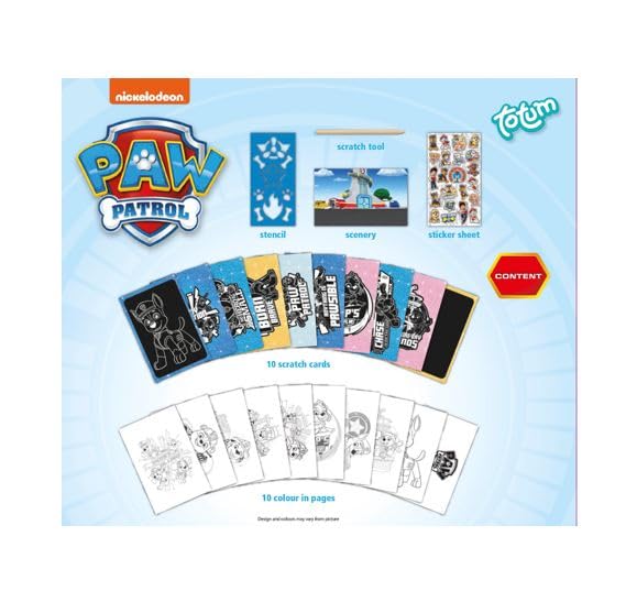 Totum Paw Patrol 720831 Scratch Book avec pochoirs, Autocollants à Paillettes et Stylo à gratter pour la Maison et Les déplacements