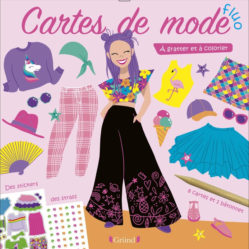 Cartes de mode fluo Pochette avec 4 cartes à gratter et 4 cartes de coloriage, avec strass et stickers Dès 6 ans