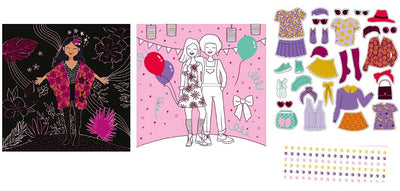 Cartes de mode - À gratter et à colorier – jolis motifs – Pochette avec 4 cartes à gratter et 4 cartes de coloriage, avec strass et stickers – Dès 6 ans
