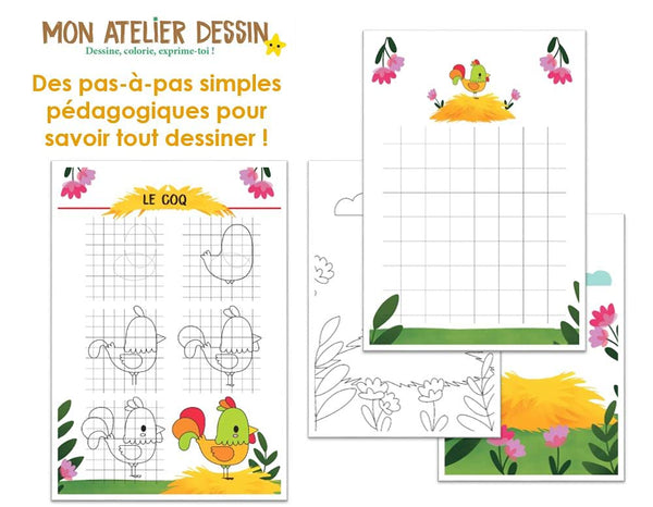 Mon atelier dessin - La ferme - Triptyque kraft pour apprendre à dessiner pas à pas - dès 6 ans