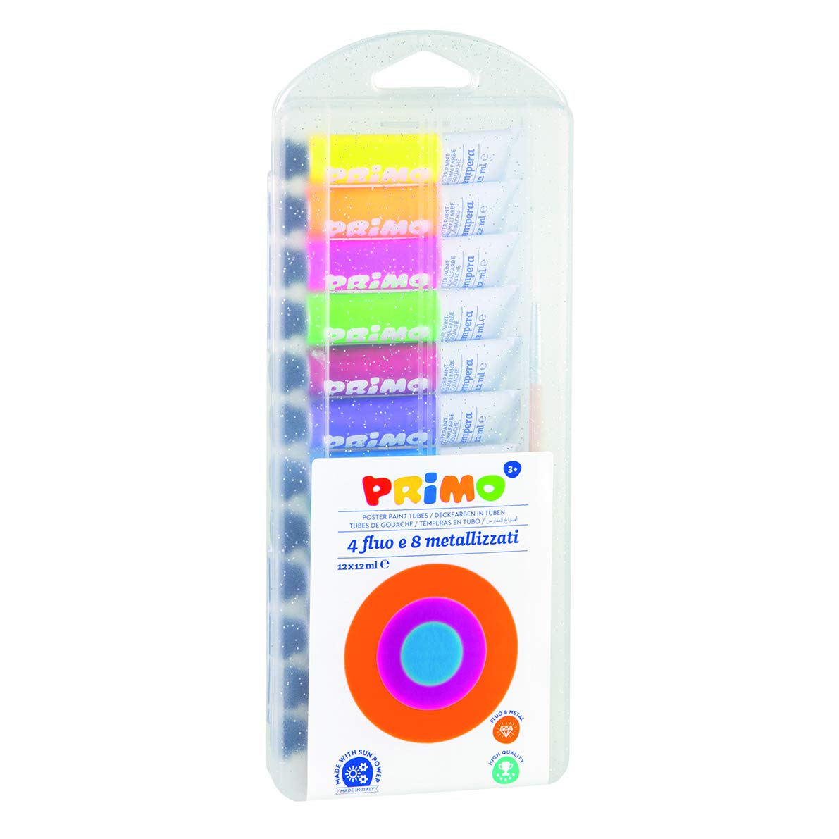 Morocolor PRIMO, Tempéra à peindre 8 couleurs métalliques 4 couleurs fluorescentes tempera lavable pour les enfants couleurs de tempéra dans un tube en aluminium 12 ml Fabriqué en Italie