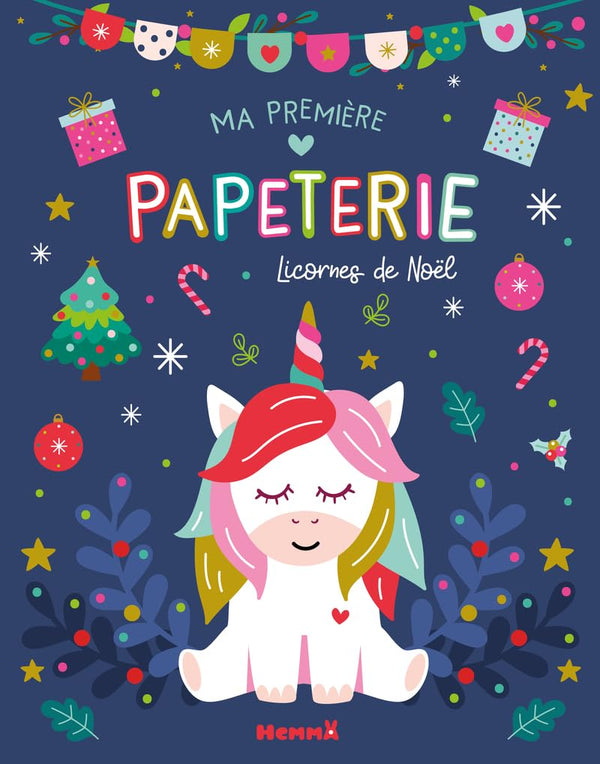 Ma première papeterie – Licornes de Noël – Pochette avec 20 feuilles, des cartes push-out, des stickers et un crayon pailleté – dès 4 ans