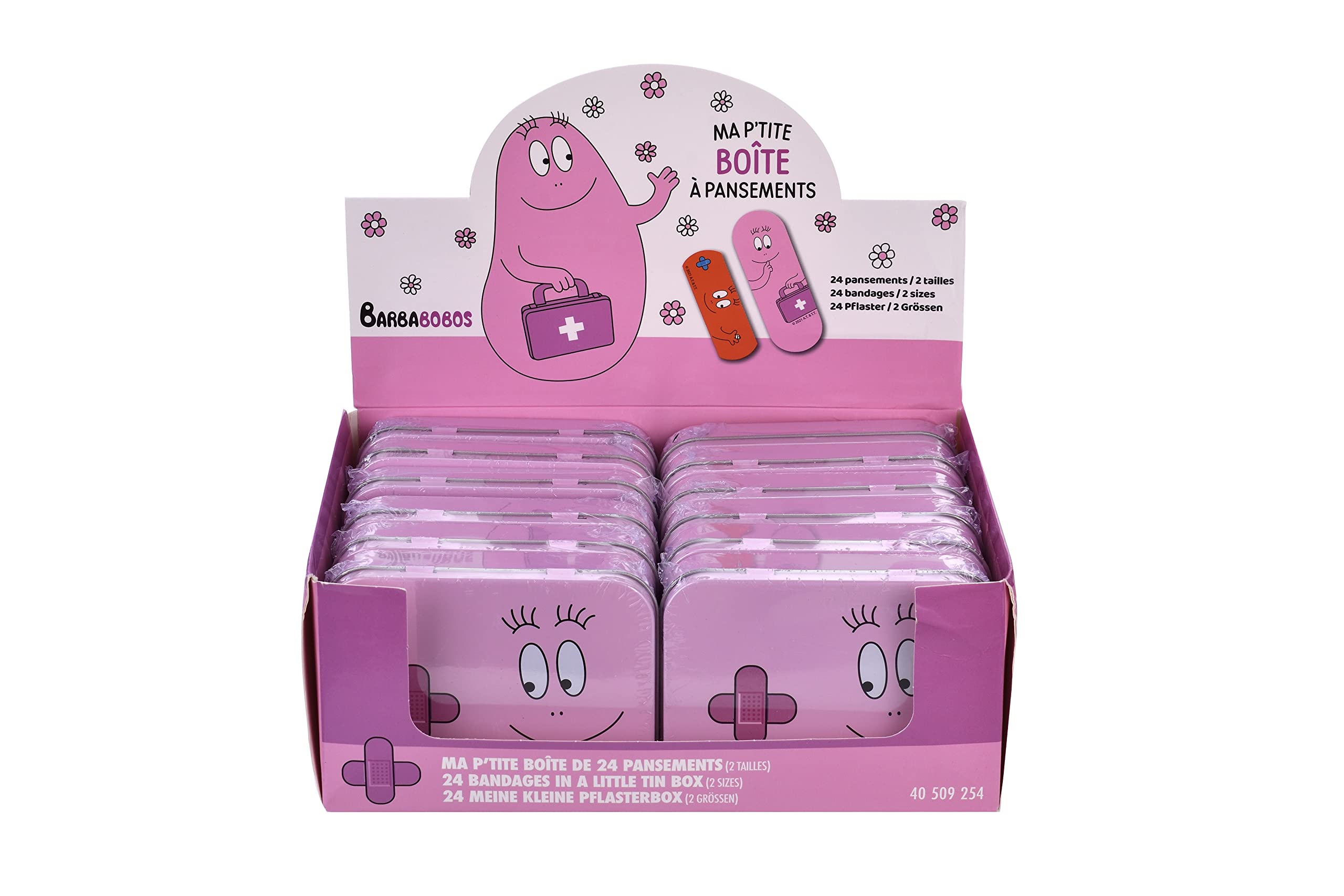 Bababobos Pansements Enfants Produit sous licence - Boîte métal - 24 pansements - Boîte de rangement de pansements pour enfants