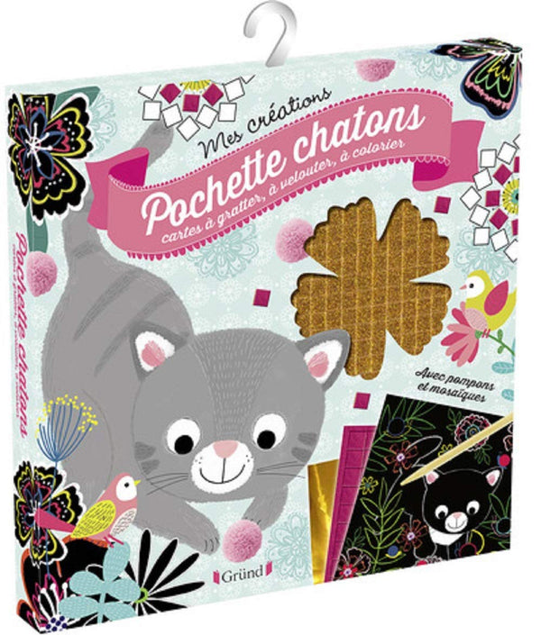 Pochette chatons – Pochette avec 2 cartes à gratter, 2 cartes à velouter et à compléter avec des pompons, et 3 cartes à compléter avec 300 mosaïques – À partir de 6 ans