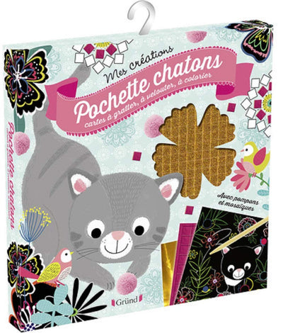 Pochette chatons – Pochette avec 2 cartes à gratter, 2 cartes à velouter et à compléter avec des pompons, et 3 cartes à compléter avec 300 mosaïques – À partir de 6 ans