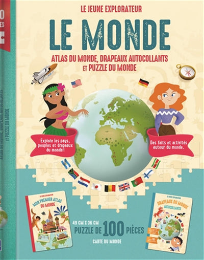 Coffret Le monde Le jeune explorateur: Atlas du monde, drapeaux autocollants et puzzle du monde