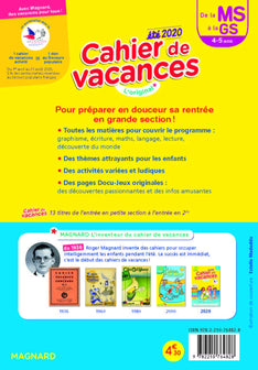 Cahier de Vacances Ete 2020 de la Ms a la Gs 4-5 Ans