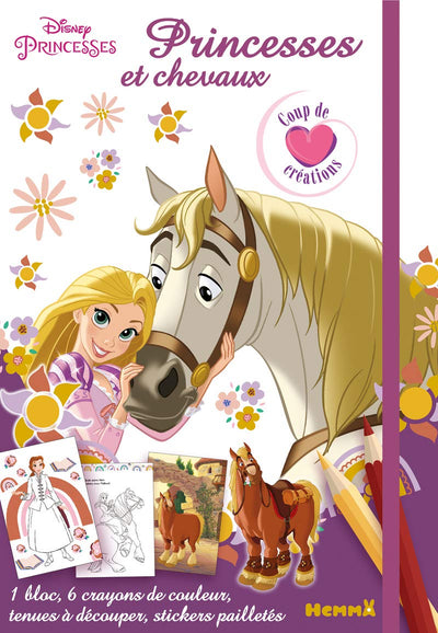 Disney Princesses – Princesses et chevaux – Coup de cœur créations – Kit avec 1 bloc de coloriages et activités, 6 crayons et des stickers – Dès 5 ans