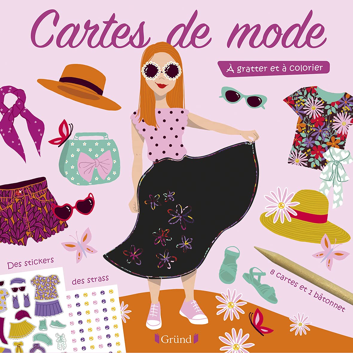 Cartes de mode - À gratter et à colorier – jolis motifs – Pochette avec 4 cartes à gratter et 4 cartes de coloriage, avec strass et stickers – Dès 6 ans