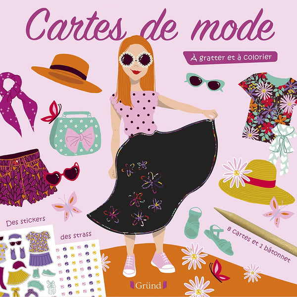 Cartes de mode - À gratter et à colorier – jolis motifs – Pochette avec 4 cartes à gratter et 4 cartes de coloriage, avec strass et stickers – Dès 6 ans
