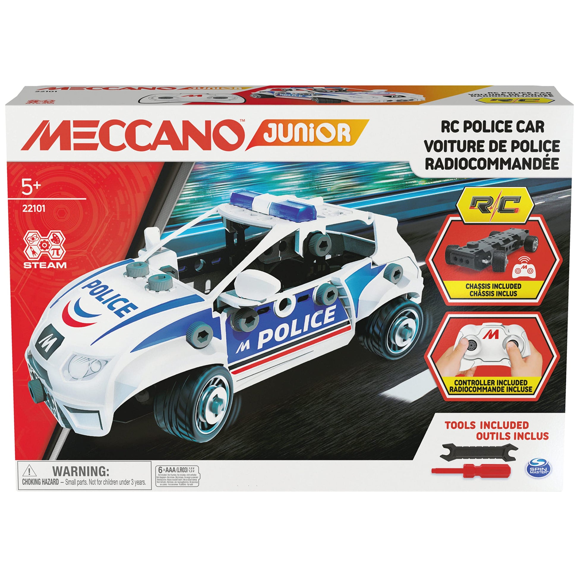 MECCANO - MA Voiture DE Police RC MECCANO Junior - Voiture Police Radiocommandée A Construire Personnaliser Diriger - Jeu De Construction 2 Outils - Alternative Aux Ecrans - Jouet Enfant 5 Ans Et +