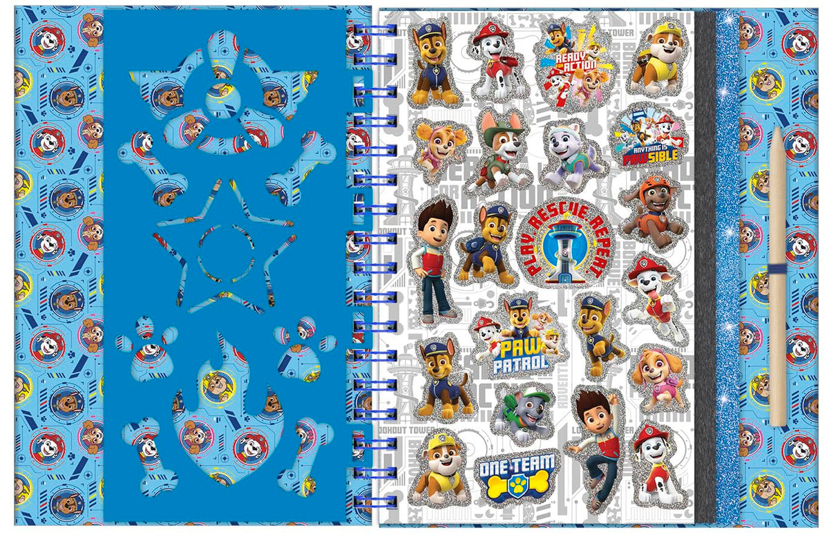 Totum Paw Patrol 720831 Scratch Book avec pochoirs, Autocollants à Paillettes et Stylo à gratter pour la Maison et Les déplacements