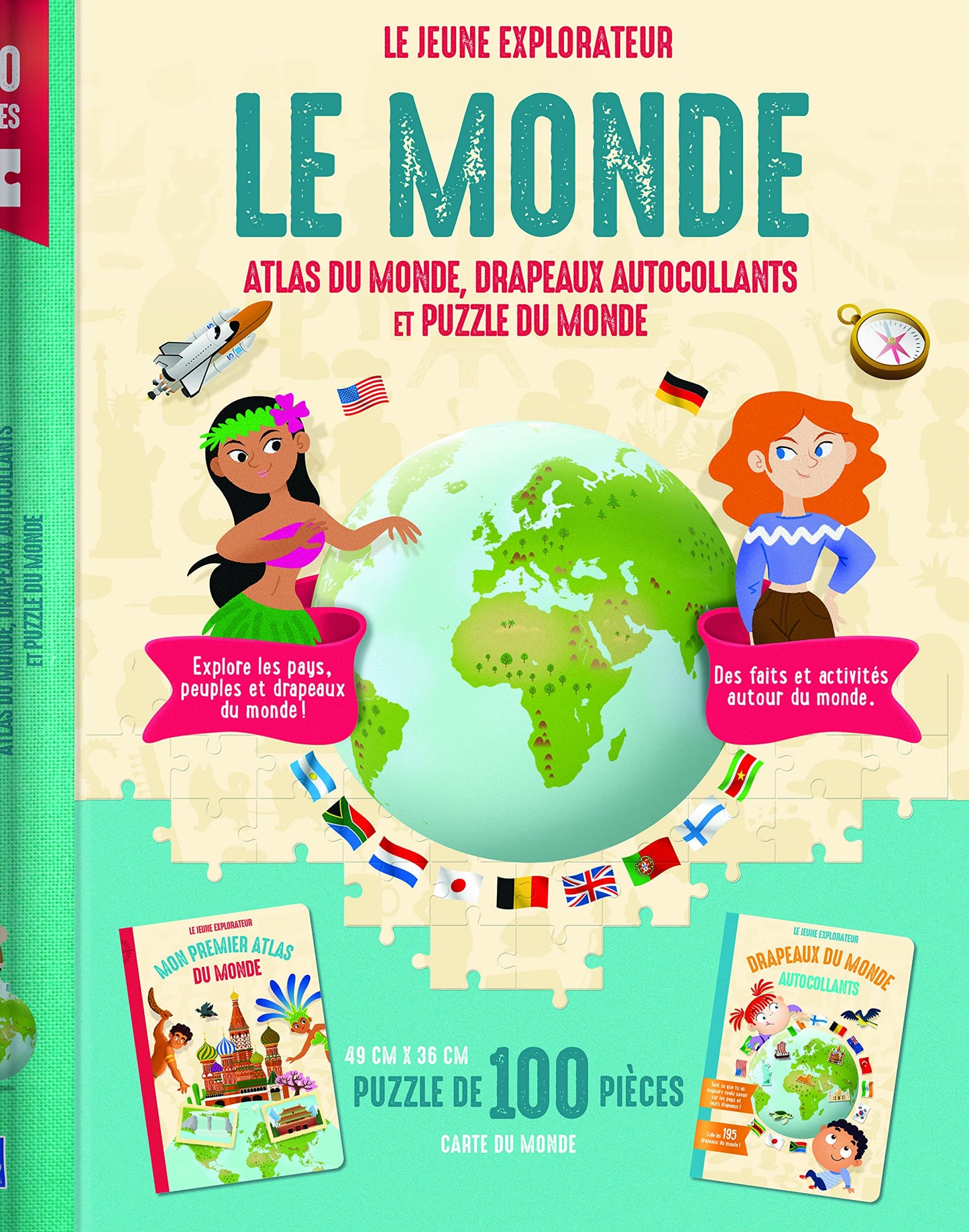 Coffret Le monde Le jeune explorateur: Atlas du monde, drapeaux autocollants et puzzle du monde