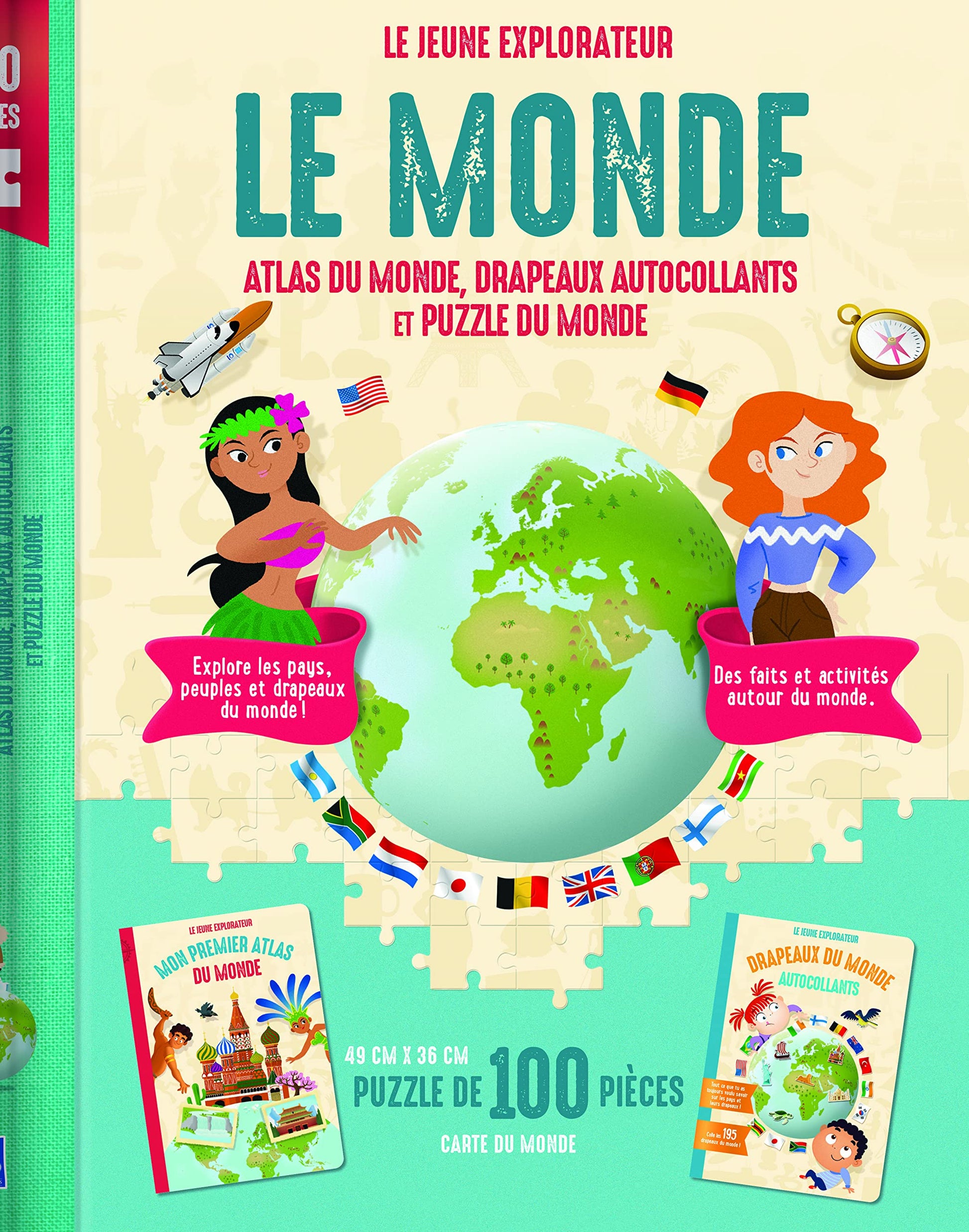 Coffret Le monde Le jeune explorateur: Atlas du monde, drapeaux autocollants et puzzle du monde